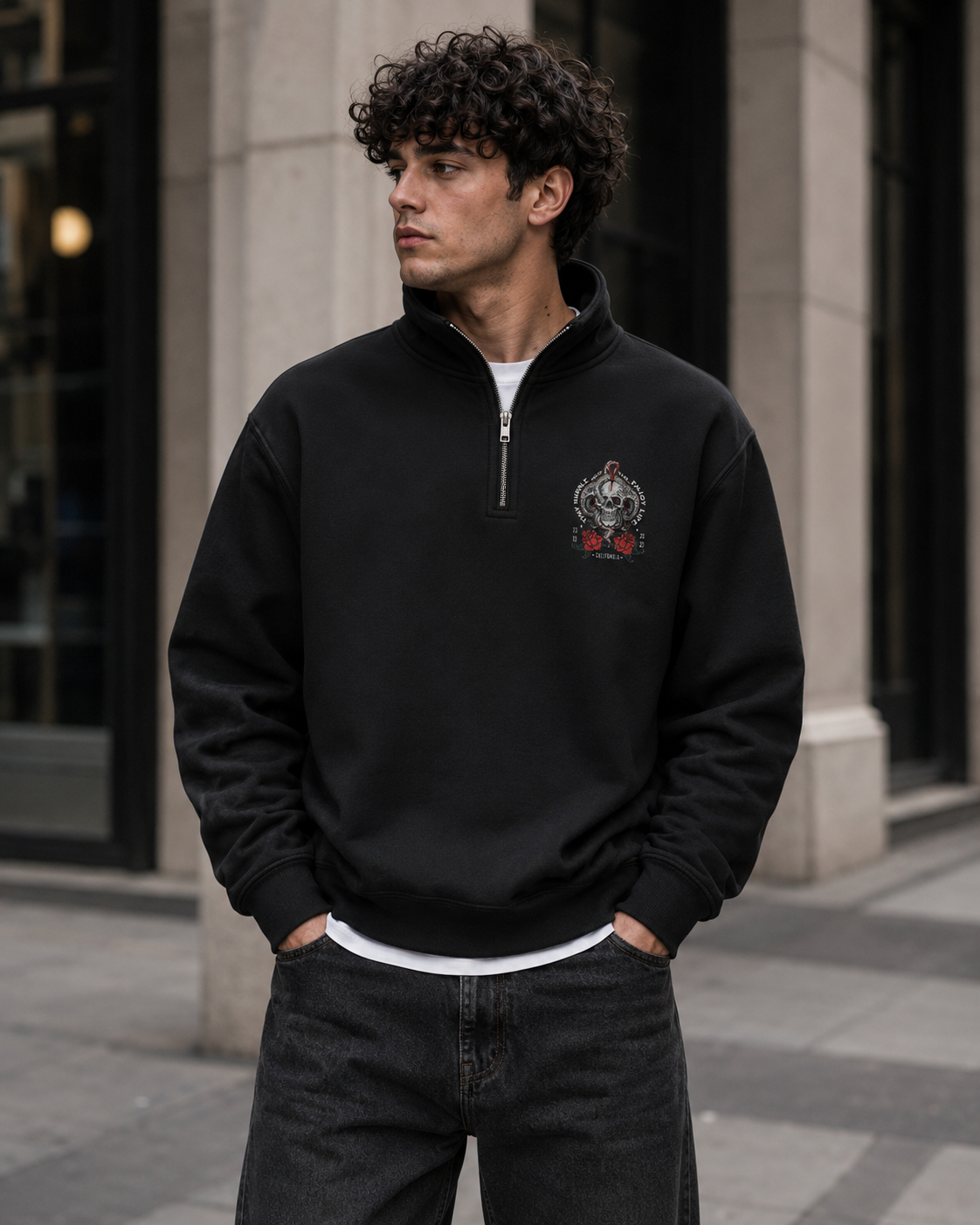 ZN Skull Rose Quarter Zip Pullover Sweatshirt