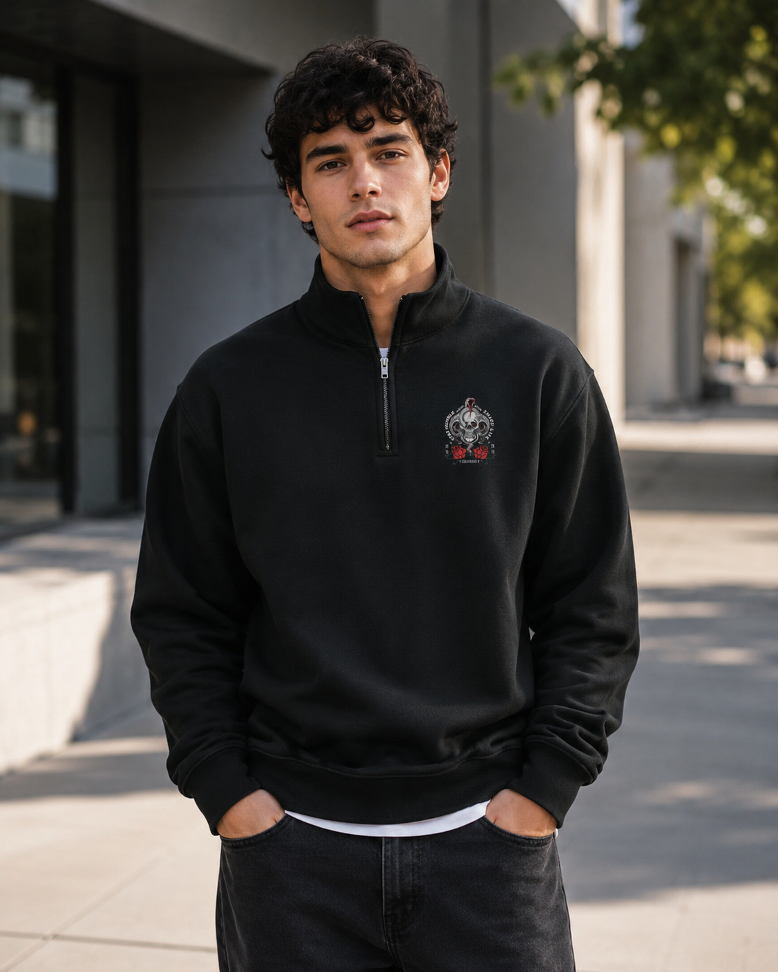 ZN Skull Rose Quarter Zip Pullover Sweatshirt